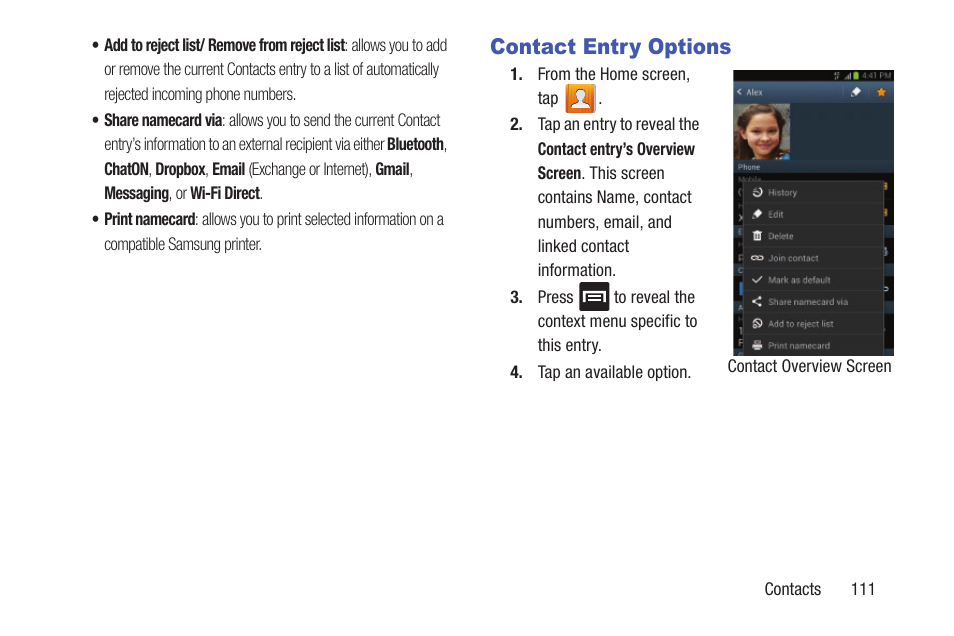 Contact entry options | Samsung SGH-T999MBATMB User Manual | Page 117 / 378