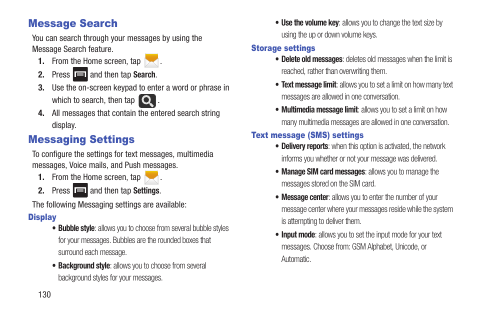 Message search, Messaging settings, Message search messaging settings | Gs. for more | Samsung SGH-T999MBATMB User Manual | Page 136 / 378