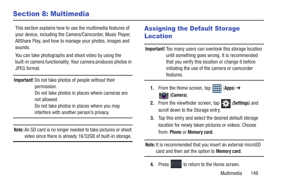 Section 8: multimedia, Assigning the default storage location | Samsung SGH-T999MBATMB User Manual | Page 155 / 378