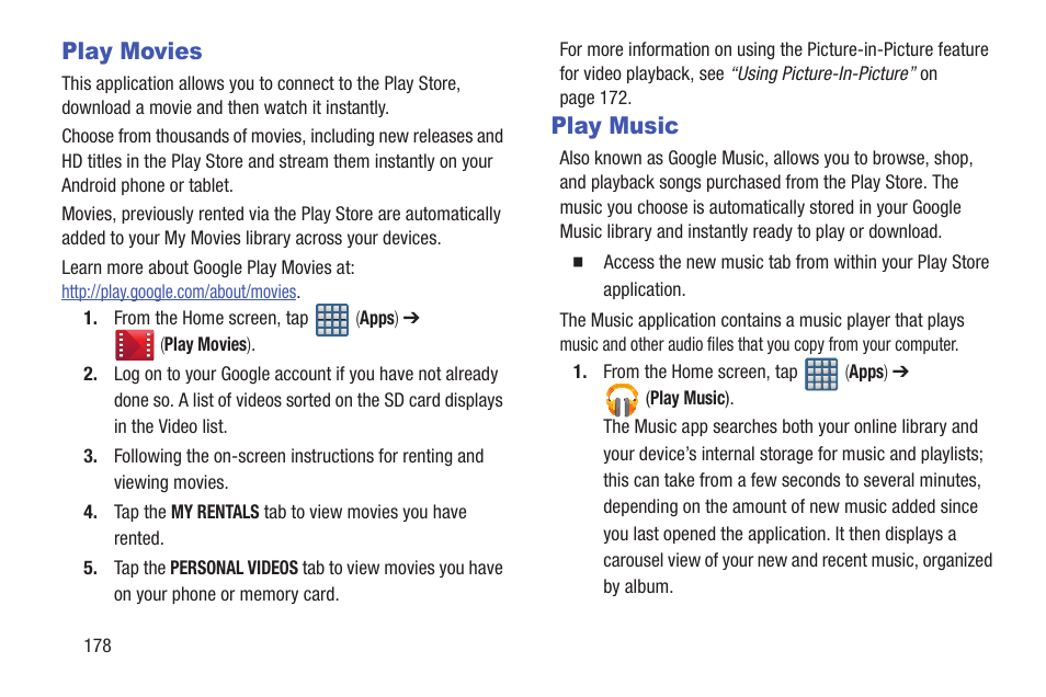 Play movies, Play music, Play movies play music | Samsung SGH-T999MBATMB User Manual | Page 184 / 378