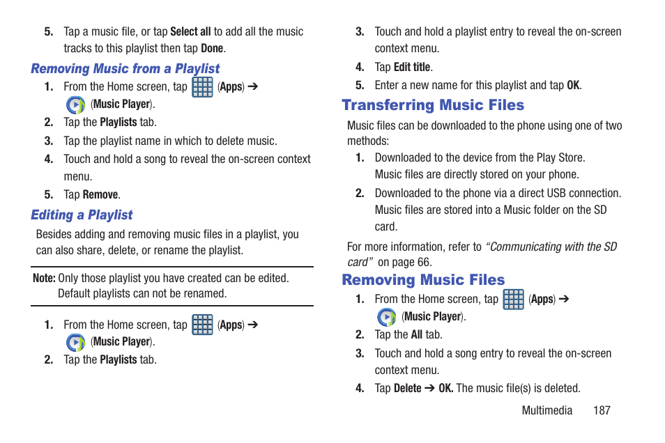 Transferring music files, Removing music files, Transferring music files removing music files | Samsung SGH-T999MBATMB User Manual | Page 193 / 378