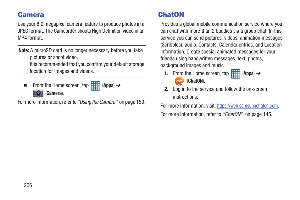 Camera, Chaton, Camera chaton | Samsung SGH-T999MBATMB User Manual | Page 212 / 378