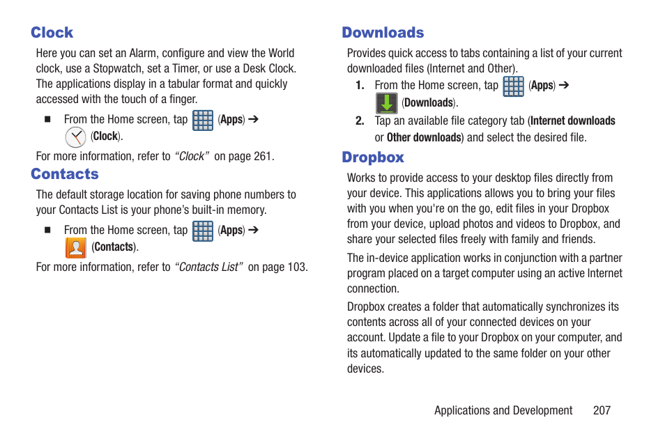 Clock, Contacts, Downloads | Dropbox, Clock contacts downloads dropbox | Samsung SGH-T999MBATMB User Manual | Page 213 / 378
