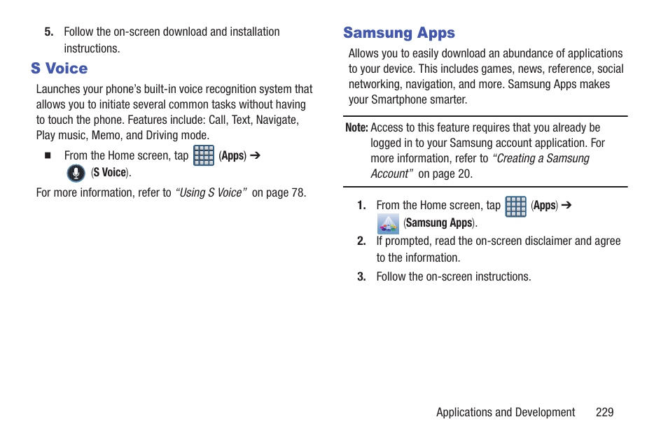 S voice, Samsung apps, S voice samsung apps | Samsung SGH-T999MBATMB User Manual | Page 235 / 378