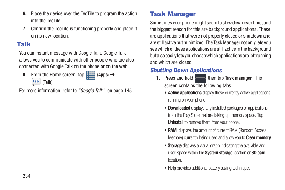 Talk, Task manager, Talk task manager | Samsung SGH-T999MBATMB User Manual | Page 240 / 378