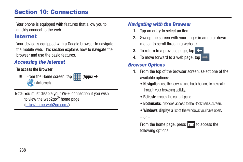 Section 10: connections, Internet | Samsung SGH-T999MBATMB User Manual | Page 244 / 378