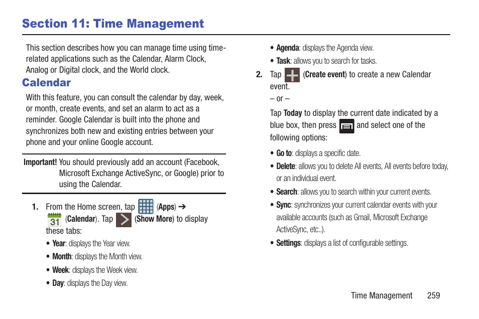 Section 11: time management, Calendar | Samsung SGH-T999MBATMB User Manual | Page 265 / 378