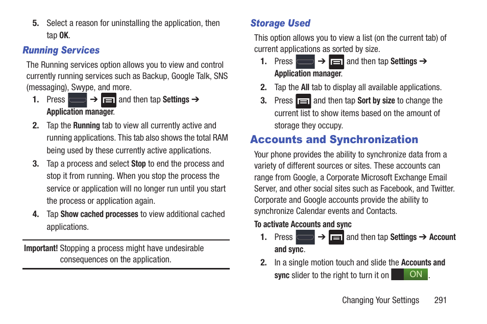 Accounts and synchronization | Samsung SGH-T999MBATMB User Manual | Page 297 / 378