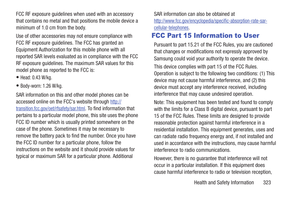 Fcc part 15 information to user | Samsung SGH-T999MBATMB User Manual | Page 329 / 378