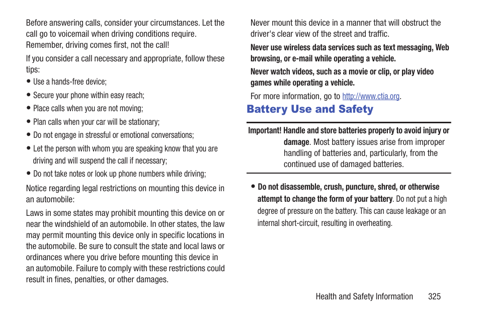 Battery use and safety | Samsung SGH-T999MBATMB User Manual | Page 331 / 378