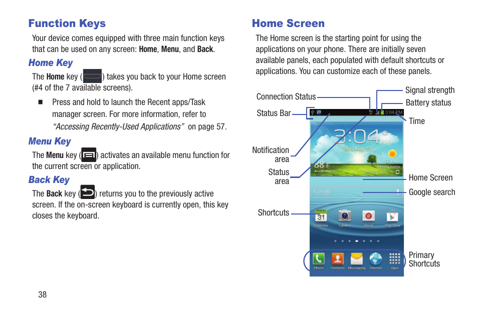 Function keys, Home screen, Function keys home screen | Samsung SGH-T999MBATMB User Manual | Page 44 / 378