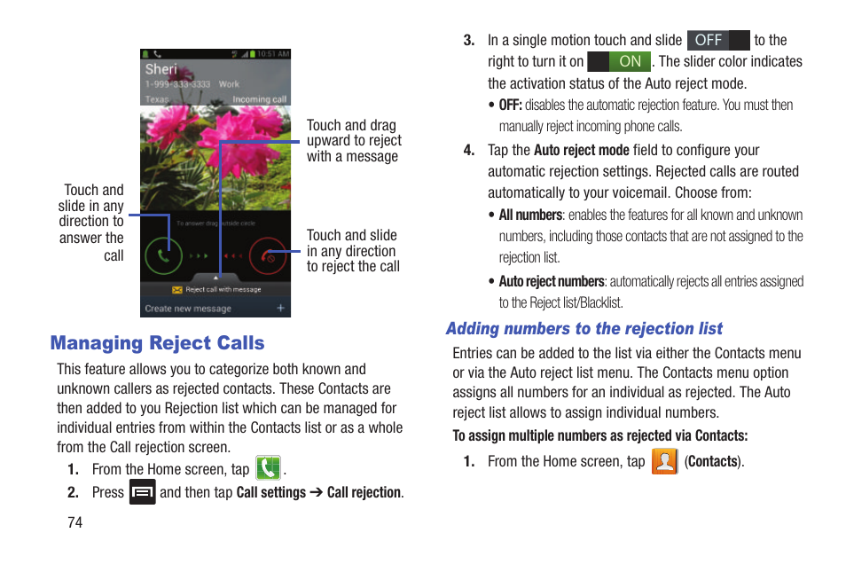 Managing reject calls | Samsung SGH-T999MBATMB User Manual | Page 80 / 378