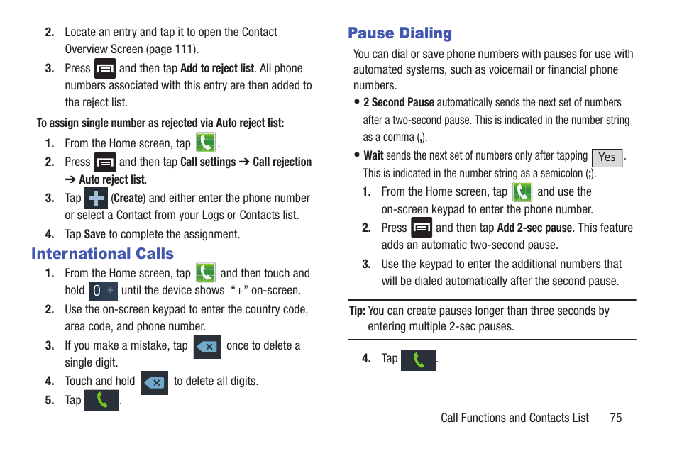 International calls, Pause dialing, International calls pause dialing | Samsung SGH-T999MBATMB User Manual | Page 81 / 378