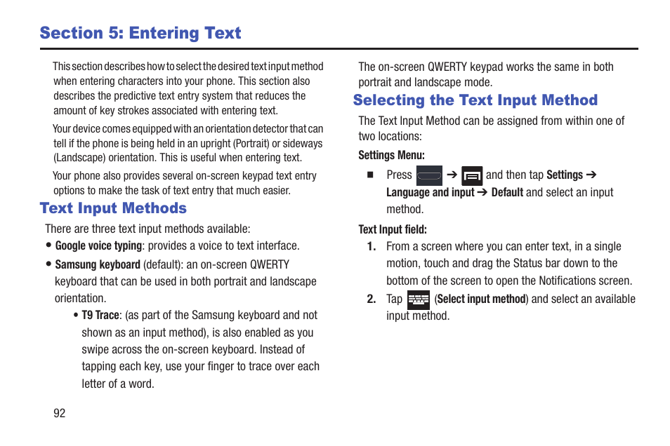 Section 5: entering text, Text input methods, Selecting the text input method | Text input methods selecting the text input method | Samsung SGH-T999MBATMB User Manual | Page 98 / 378