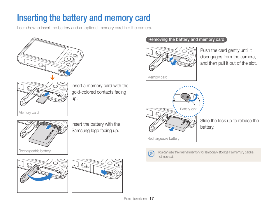 Inserting the battery and memory card | Samsung EC-ST66ZZFPRUS User Manual | Page 18 / 132