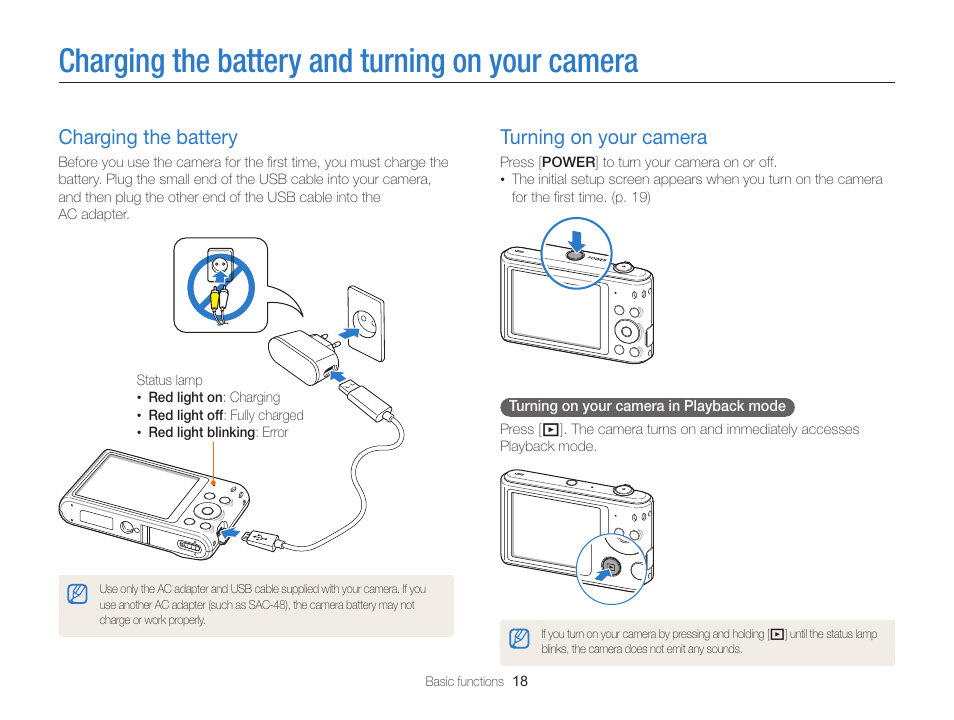 Charging the battery and turning on your camera, Charging the battery, Turning on your camera | Charging the battery and turning, On your camera, Charging the battery ……………………… 18, Turning on your camera ………………… 18 | Samsung EC-ST66ZZFPRUS User Manual | Page 19 / 132
