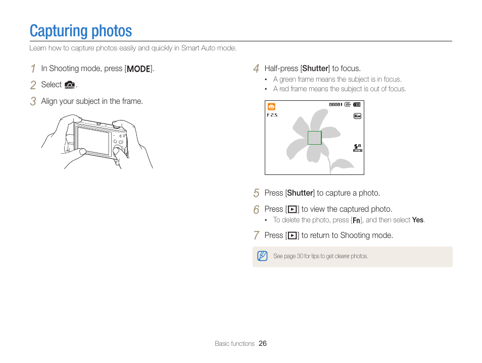 Capturing photos | Samsung EC-ST66ZZFPRUS User Manual | Page 27 / 132