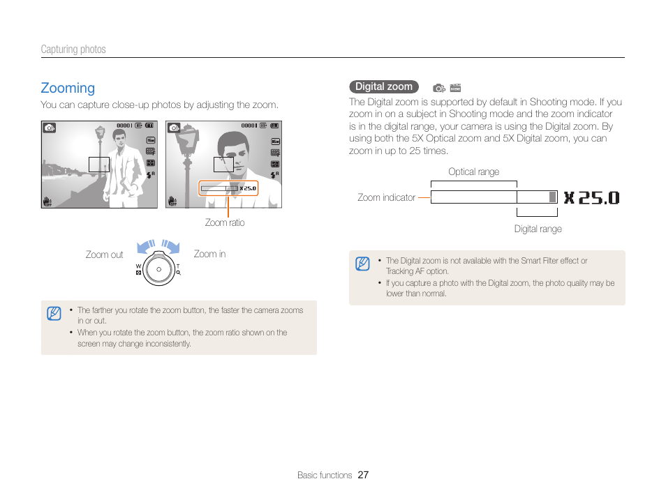 Zooming, Zooming ………………………………… 27 | Samsung EC-ST66ZZFPRUS User Manual | Page 28 / 132