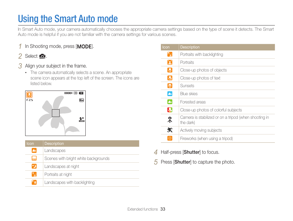 Using the smart auto mode | Samsung EC-ST66ZZFPRUS User Manual | Page 34 / 132