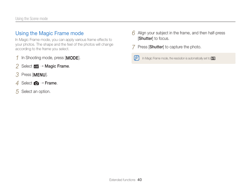 Using the magic frame mode, Using the magic frame mode ……………………… 40 | Samsung EC-ST66ZZFPRUS User Manual | Page 41 / 132