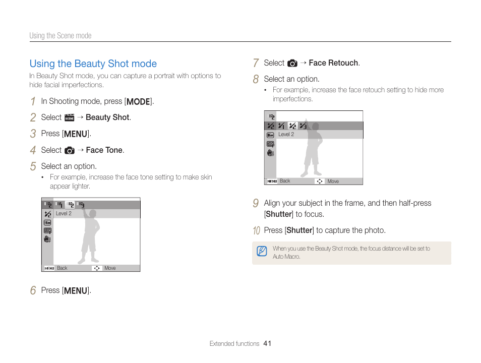 Using the beauty shot mode, Using the beauty shot mode ……………………… 41 | Samsung EC-ST66ZZFPRUS User Manual | Page 42 / 132