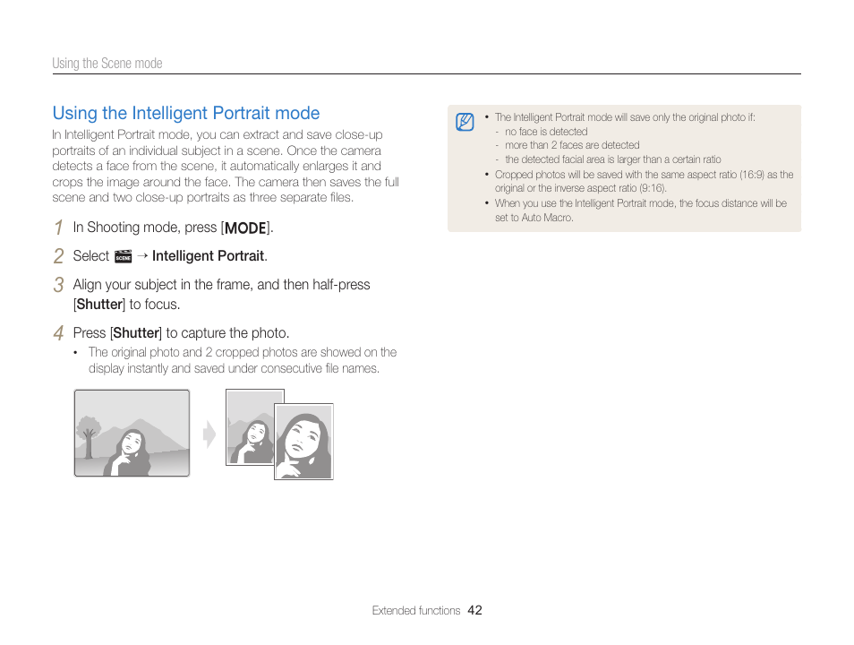 Using the intelligent portrait mode, Using the intelligent portrait mode ………………… 42 | Samsung EC-ST66ZZFPRUS User Manual | Page 43 / 132