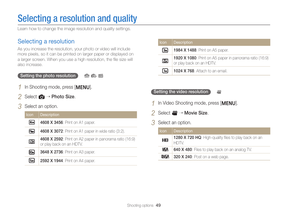 Selecting a resolution and quality, Selecting a resolution, Selecting a resolution …………………… 49 | Samsung EC-ST66ZZFPRUS User Manual | Page 50 / 132