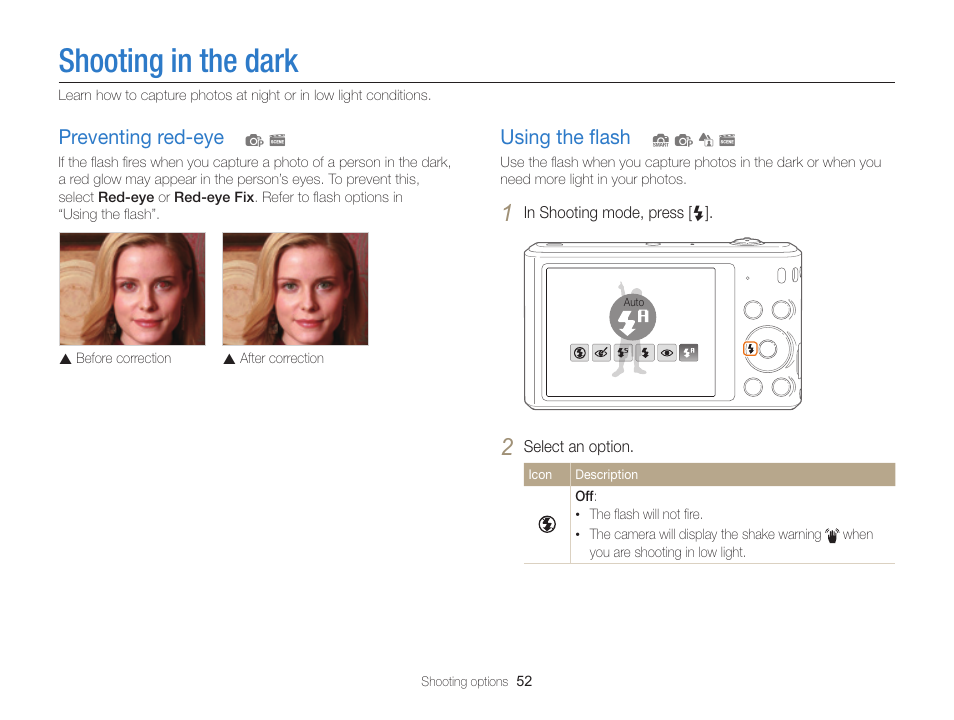 Shooting in the dark, Preventing red-eye, Using the flash | P. 52), Urn on the ﬂash. (p. 52), Using the ﬂash, Preventing red-eye ……………………… 52, Using the ﬂash …………………………… 52 | Samsung EC-ST66ZZFPRUS User Manual | Page 53 / 132
