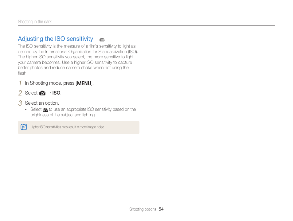 Adjusting the iso sensitivity, Set iso sensitivity options. (p. 54), Adjusting the iso sensitivity ……………… 54 | Samsung EC-ST66ZZFPRUS User Manual | Page 55 / 132