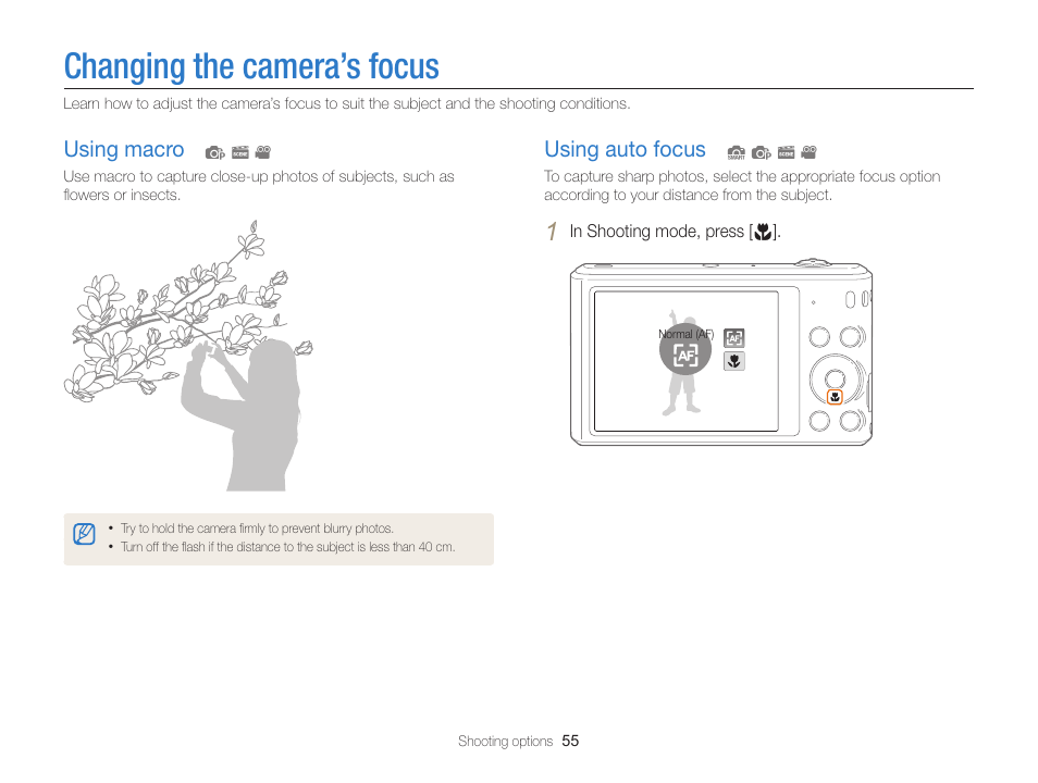 Changing the camera’s focus, Using macro, Using auto focus | Using macro ……………………………… 55, Using auto focus ………………………… 55 | Samsung EC-ST66ZZFPRUS User Manual | Page 56 / 132
