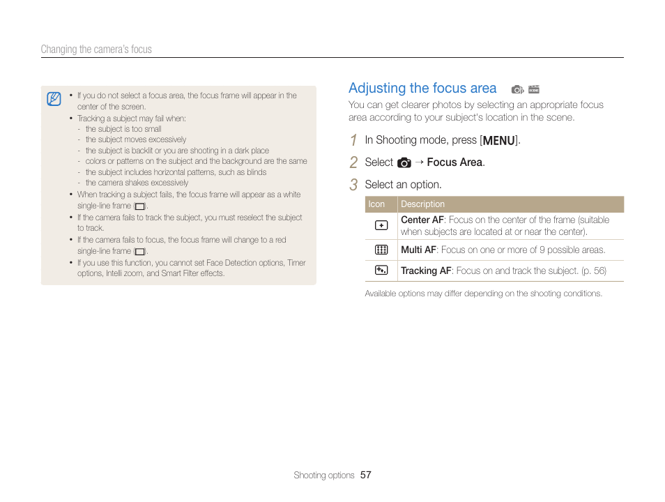 Adjusting the focus area, Adjusting the focus area ………………… 57 | Samsung EC-ST66ZZFPRUS User Manual | Page 58 / 132