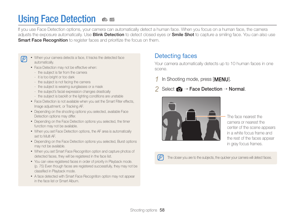 Using face detection, Detecting faces, Detecting faces …………………………… 58 | Samsung EC-ST66ZZFPRUS User Manual | Page 59 / 132