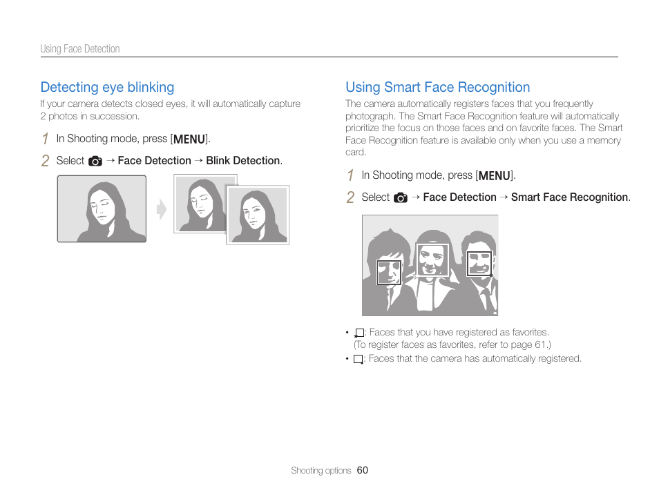 Detecting eye blinking, Using smart face recognition, Detecting eye blinking …………………… 60 | Using smart face recognition …………… 60 | Samsung EC-ST66ZZFPRUS User Manual | Page 61 / 132