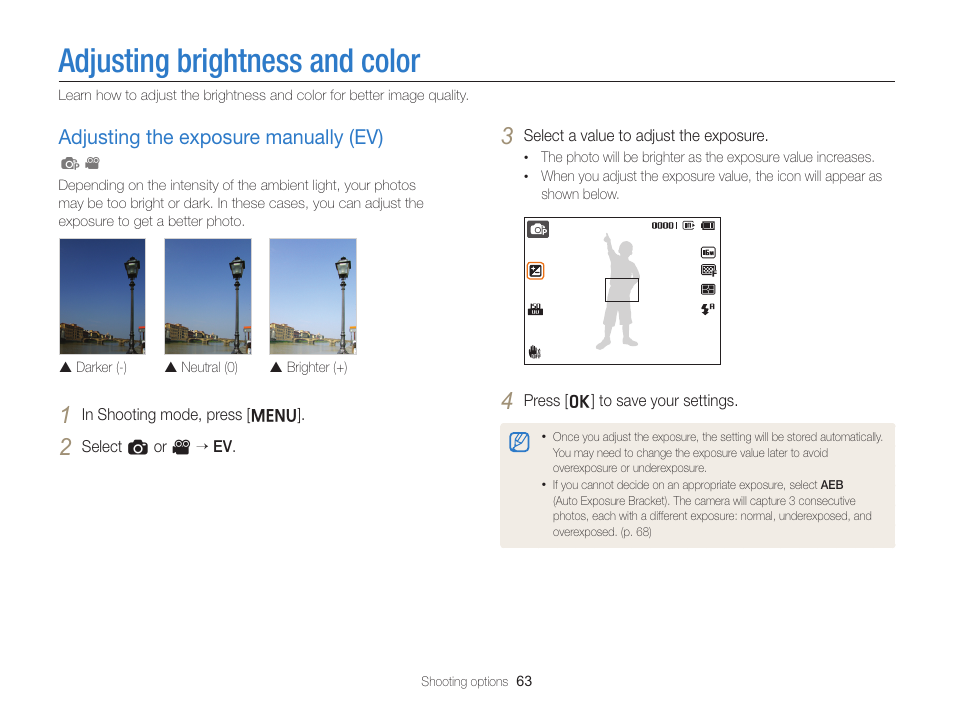 Adjusting brightness and color, Adjusting the exposure manually (ev), Adjust the exposure. (p. 63) | Adjusting the exposure manually (ev) …… 63 | Samsung EC-ST66ZZFPRUS User Manual | Page 64 / 132