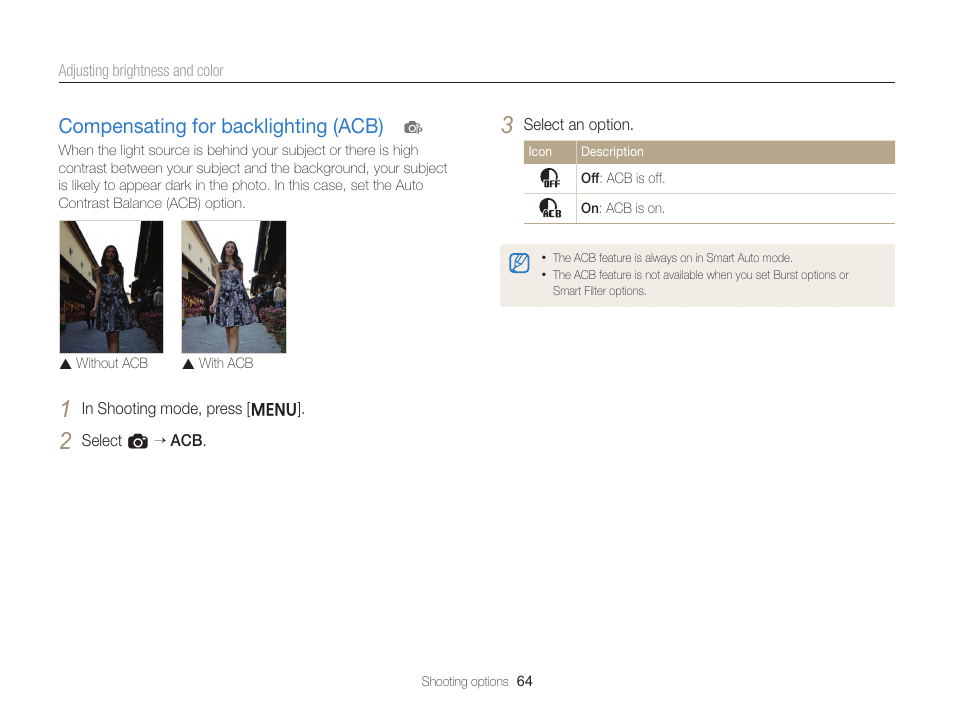 Compensating for backlighting (acb), Compensating for backlighting (acb) …… 64 | Samsung EC-ST66ZZFPRUS User Manual | Page 65 / 132