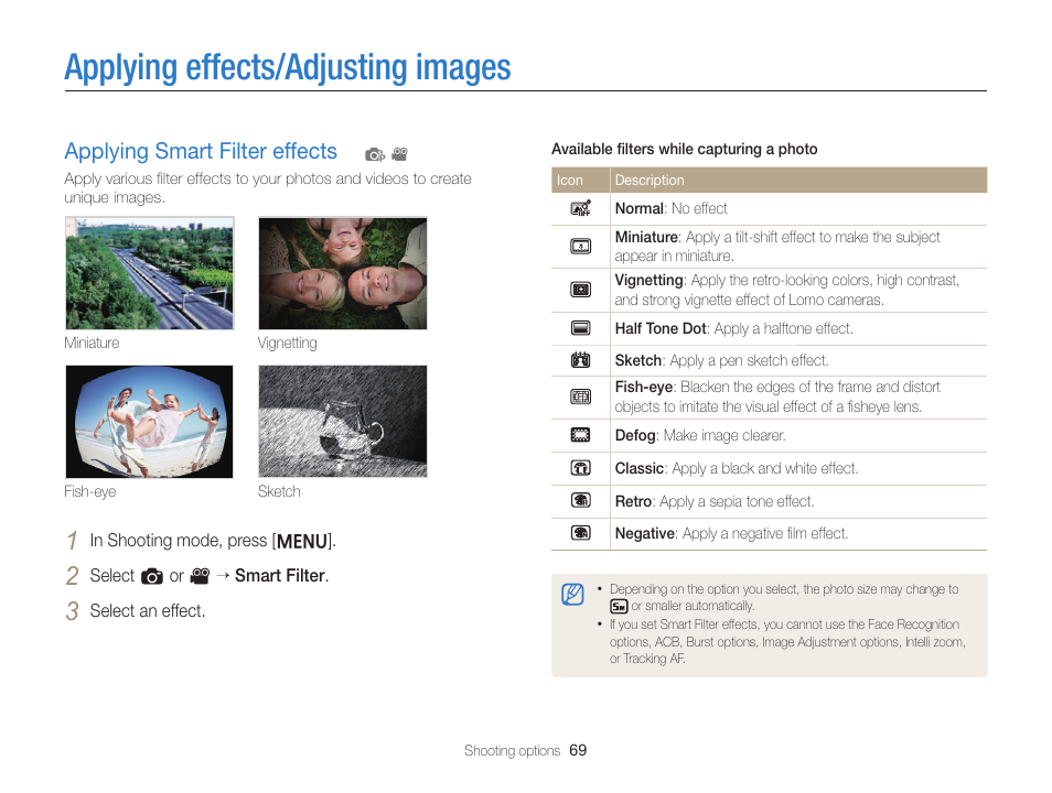 Applying effects/adjusting images, Applying smart filter effects, Applying smart filter effects ……………… 69 | Samsung EC-ST66ZZFPRUS User Manual | Page 70 / 132