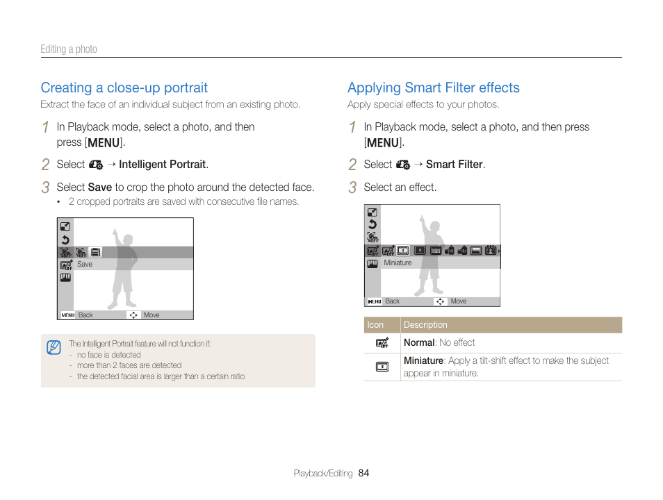 Creating a close-up portrait, Applying smart filter effects, Creating a close-up portrait ……………… 84 | Applying smart filter effects ……………… 84 | Samsung EC-ST66ZZFPRUS User Manual | Page 85 / 132