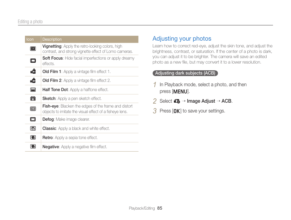 Adjusting your photos, Adjusting your photos …………………… 85 | Samsung EC-ST66ZZFPRUS User Manual | Page 86 / 132