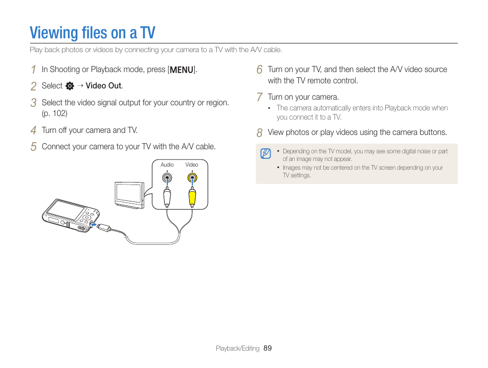 Viewing files on a tv, Viewing ﬁles on a tv | Samsung EC-ST66ZZFPRUS User Manual | Page 90 / 132