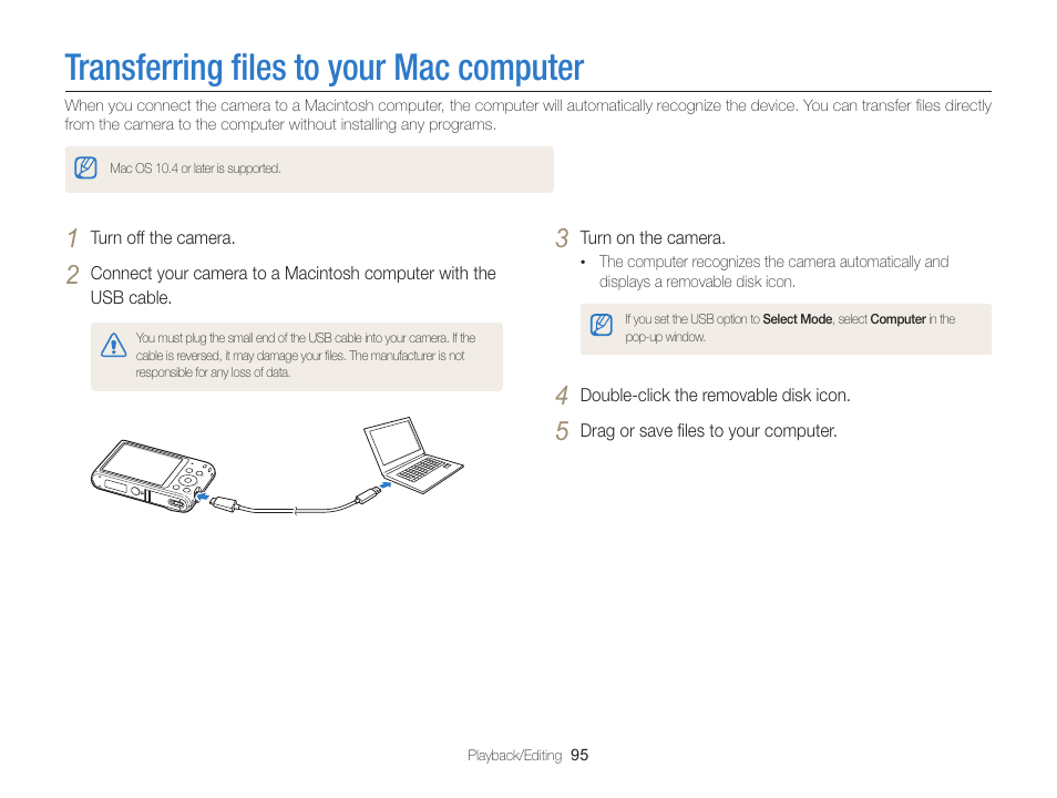 Transferring files to your mac computer, Transferring ﬁles to your mac computer | Samsung EC-ST66ZZFPRUS User Manual | Page 96 / 132