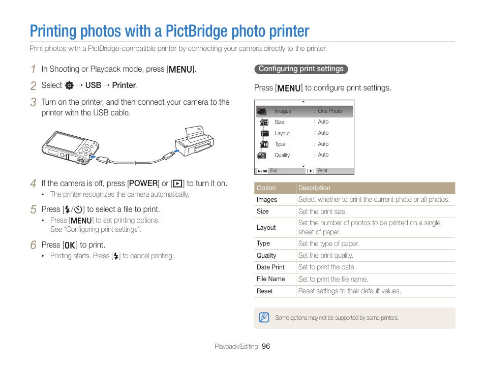 Printing photos with a pictbridge photo printer, Printing photos with a pictbridge photo, Printer | Samsung EC-ST66ZZFPRUS User Manual | Page 97 / 132