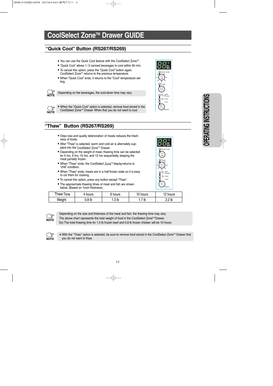 Coolselect zonetm drawer guide, Opera ting instr uctions, Coolselect zone | Drawer guide | Samsung RS265LABP-XAA User Manual | Page 11 / 32