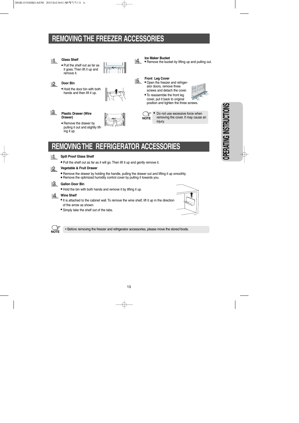 Removing the freezer accessories, Removing the refrigerator accessories, Opera ting instr uctions | Samsung RS265LABP-XAA User Manual | Page 13 / 32