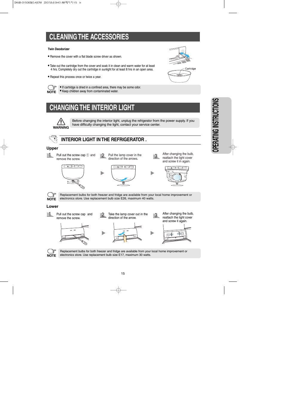 Changing the interior light, Opera ting instr uctions, Cleaning the accessories | Samsung RS265LABP-XAA User Manual | Page 15 / 32