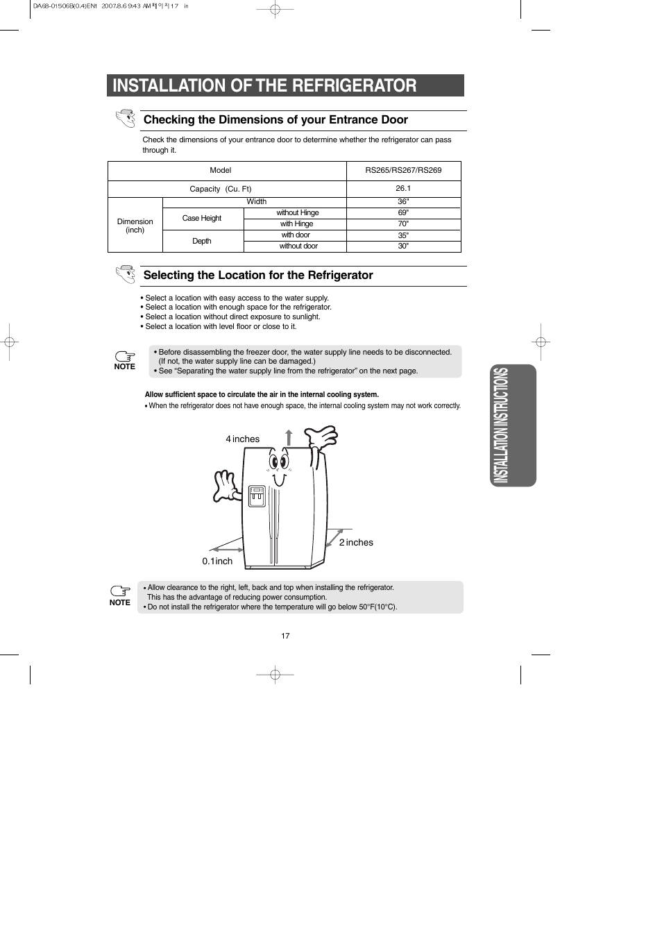 Installation of the refrigerator, Inst alla tion instr uctions | Samsung RS265LABP-XAA User Manual | Page 17 / 32