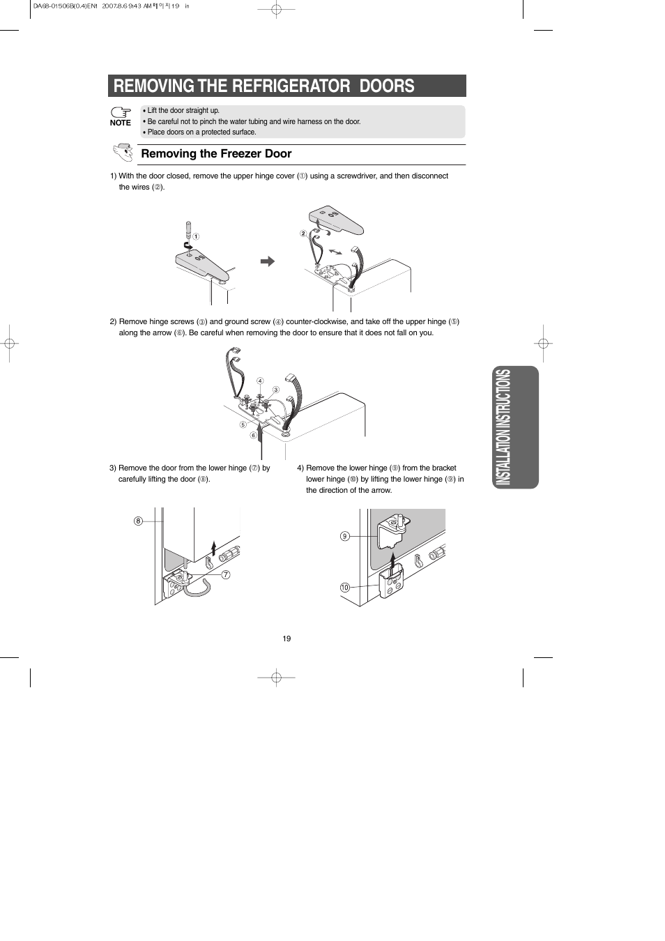 Inst alla tion instr uctions, Removing the refrigerator doors | Samsung RS265LABP-XAA User Manual | Page 19 / 32