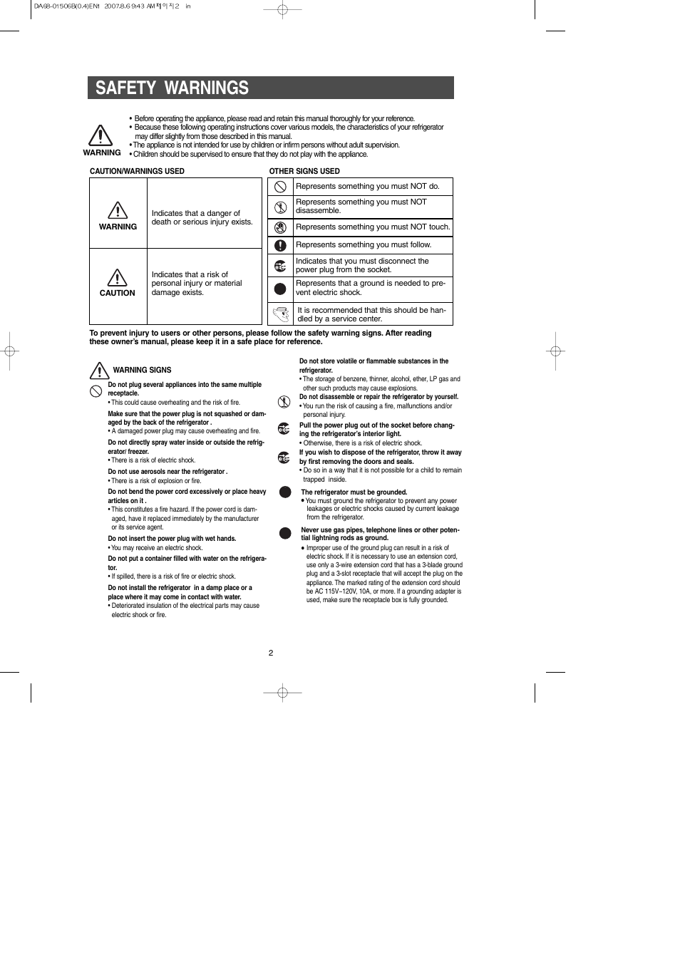 Safety warnings | Samsung RS265LABP-XAA User Manual | Page 2 / 32