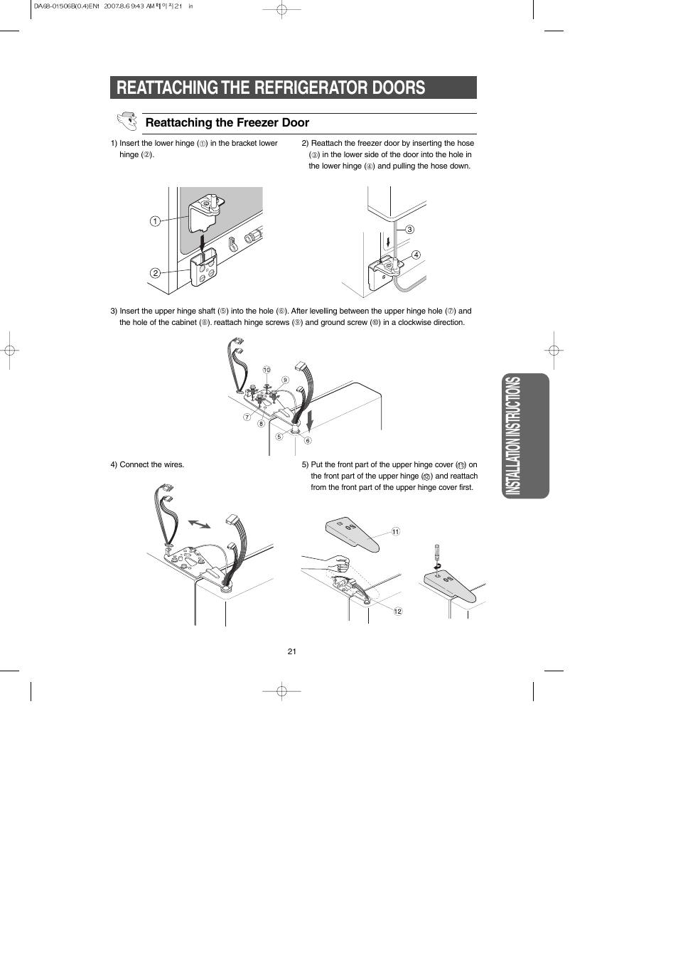 Reattaching the refrigerator doors, Inst alla tion instr uctions | Samsung RS265LABP-XAA User Manual | Page 21 / 32