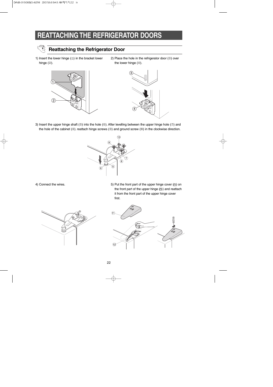 Reattaching the refrigerator doors, Reattaching the refrigerator door | Samsung RS265LABP-XAA User Manual | Page 22 / 32