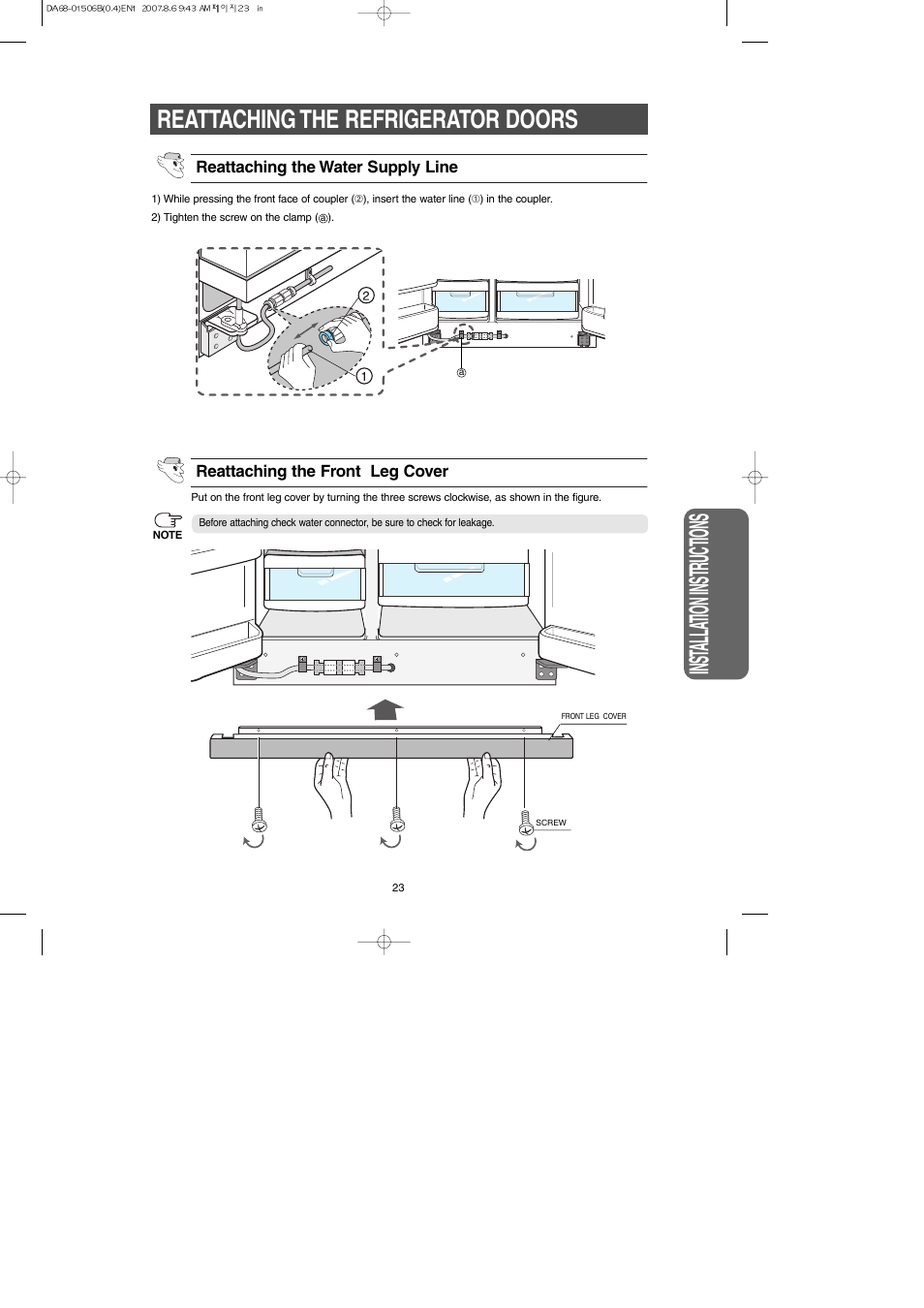 Inst alla tion instr uctions, Reattaching the refrigerator doors | Samsung RS265LABP-XAA User Manual | Page 23 / 32